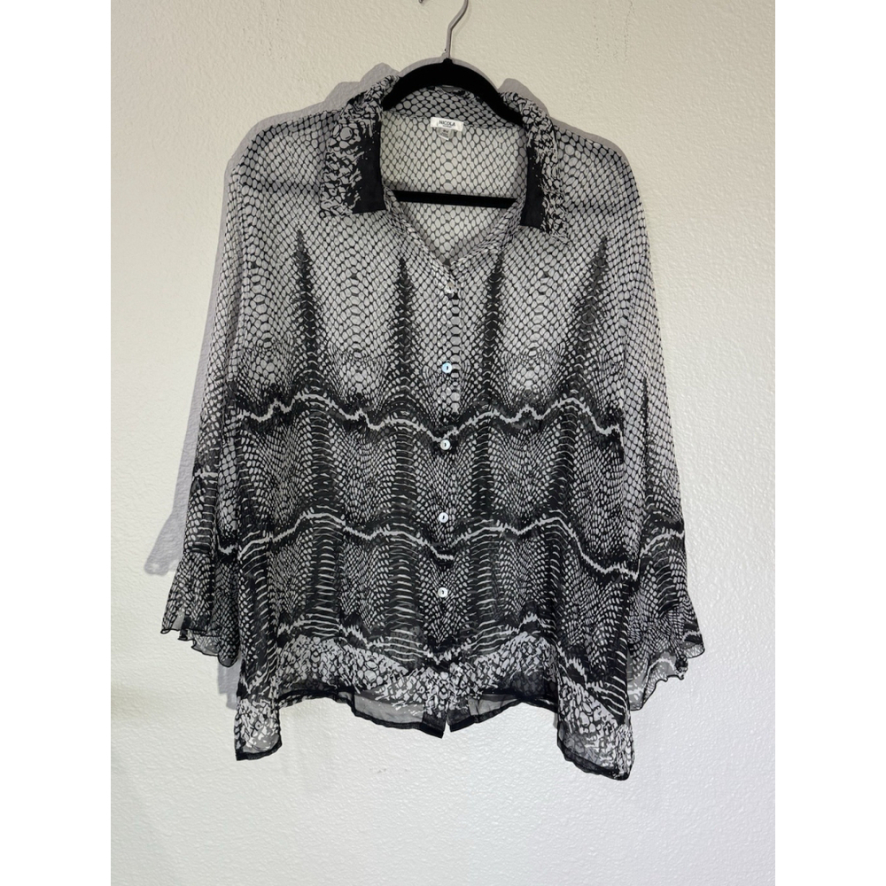 Snakeskin Sheer Button Down Blouse Black And White Animal Print Flowy Boho Top